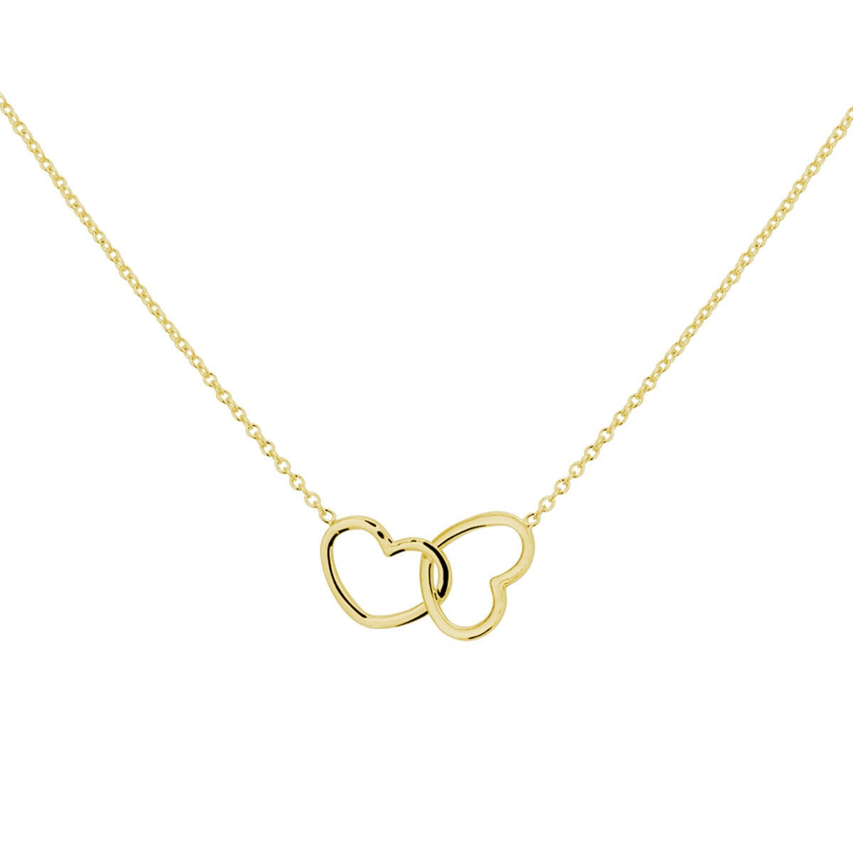 Verguld zilveren collier met twee overlappende hartjes in een minimalistisch ontwerp.
