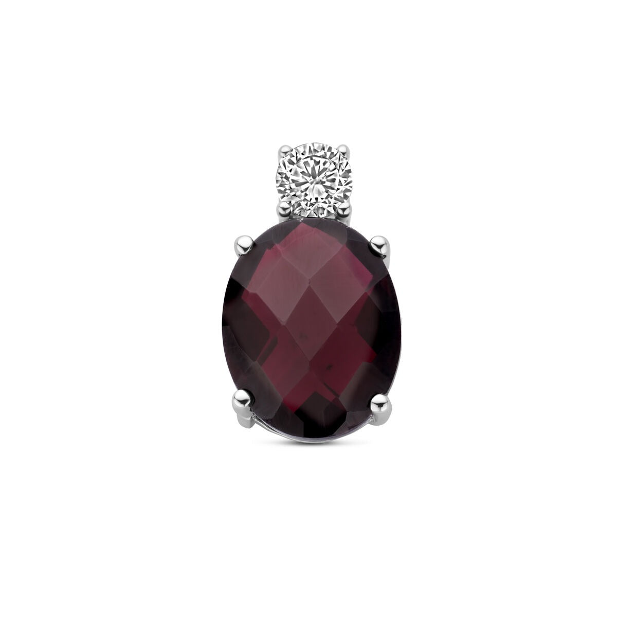 Pendentif en argent rhodié 925 avec un grenat ovale et zirconia, dimensions 13 x 8 mm.