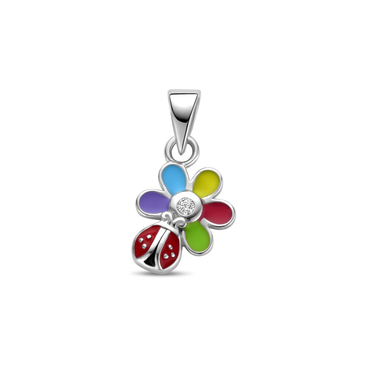 Pendentif en forme de fleur colorée avec un coccinelle, en argent rhodié.