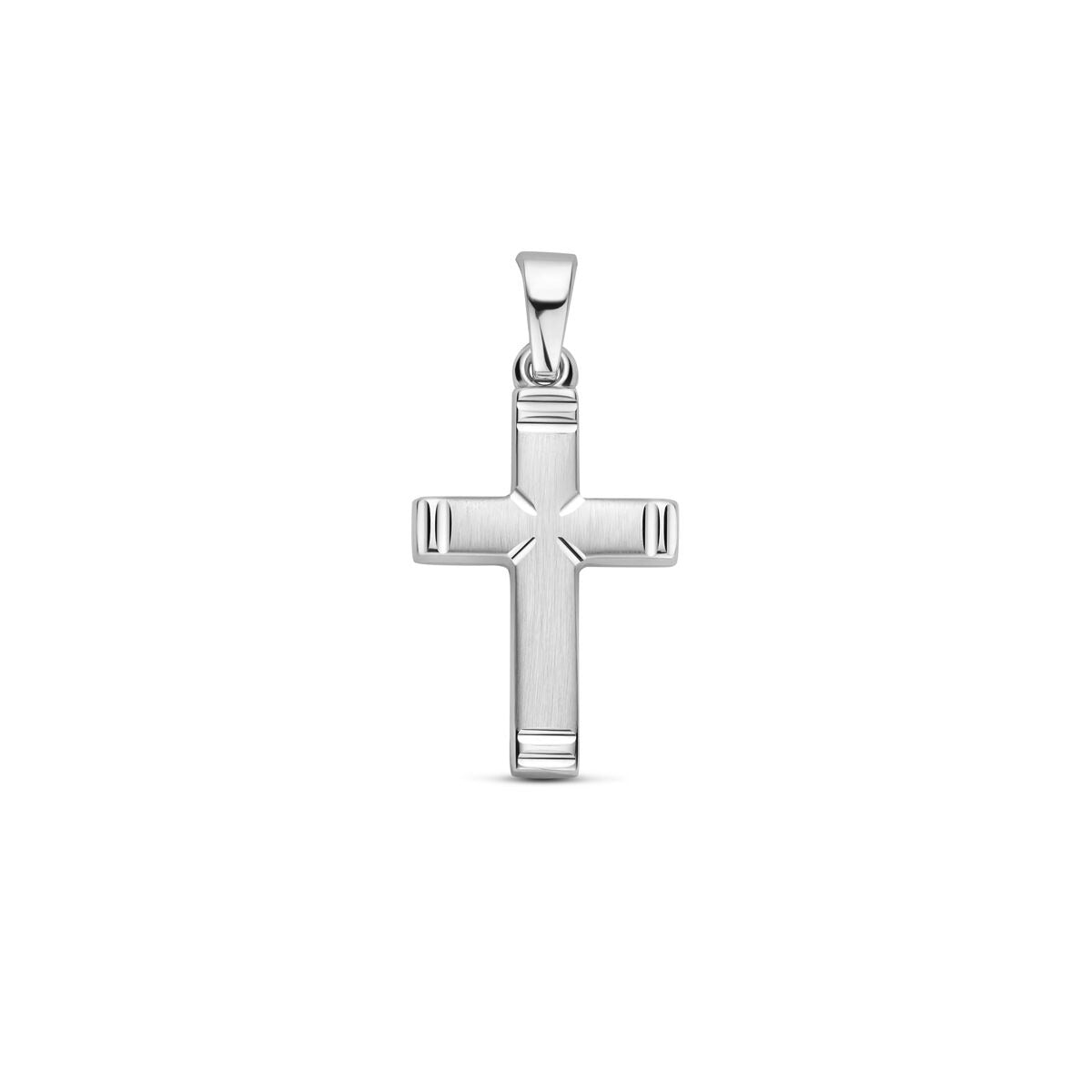 Pendentif croix en argent rhodié 925, finition mate, polie et diamantée.