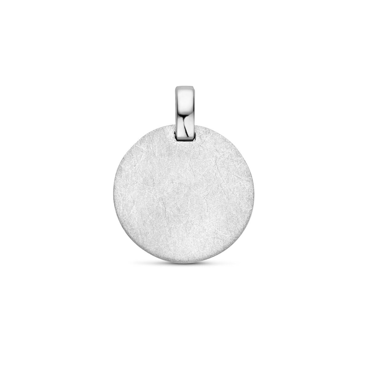 Pendentif en argent rhodié avec finition mate glacée, forme ronde.