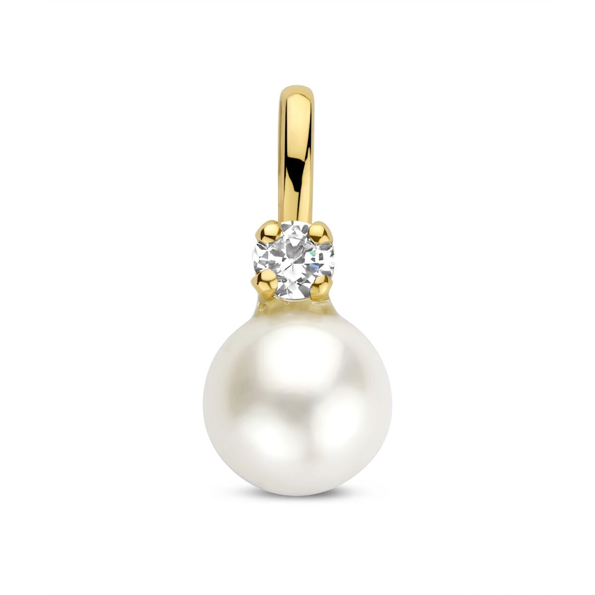 Geelgouden hanger met een ronde parel en een zirkonia bovenaan.