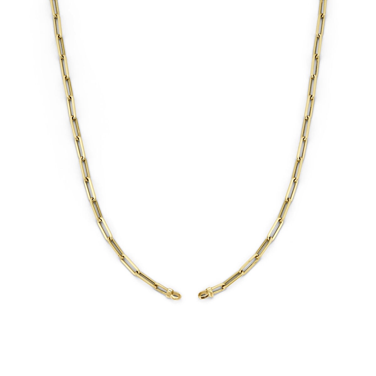 Collier en or jaune 14 carats sans fermoir, avec maillons allongés et lisses.
