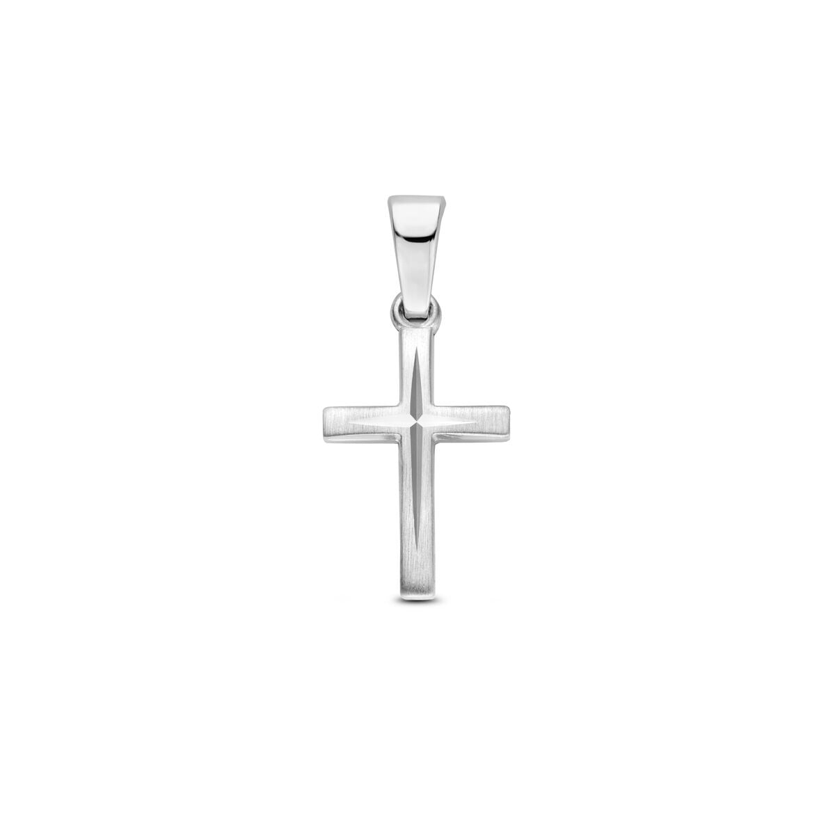 Pendentif croix en argent rhodié 925, finition lisse et brillante.