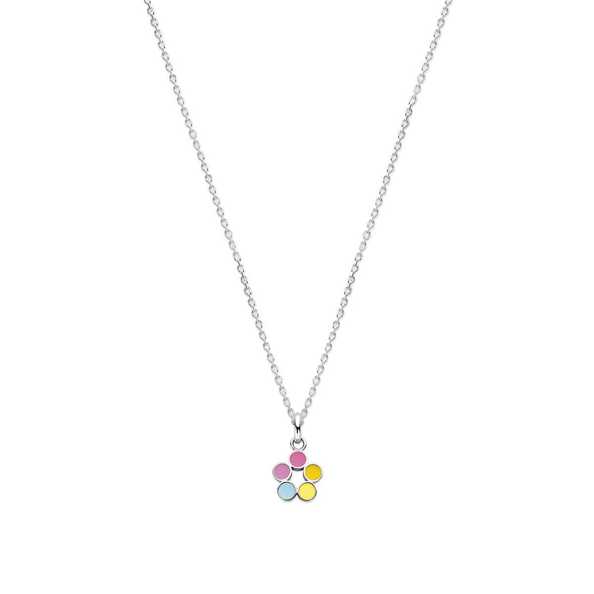 Collier en argent rhodié avec un pendentif coloré en forme de fleur.