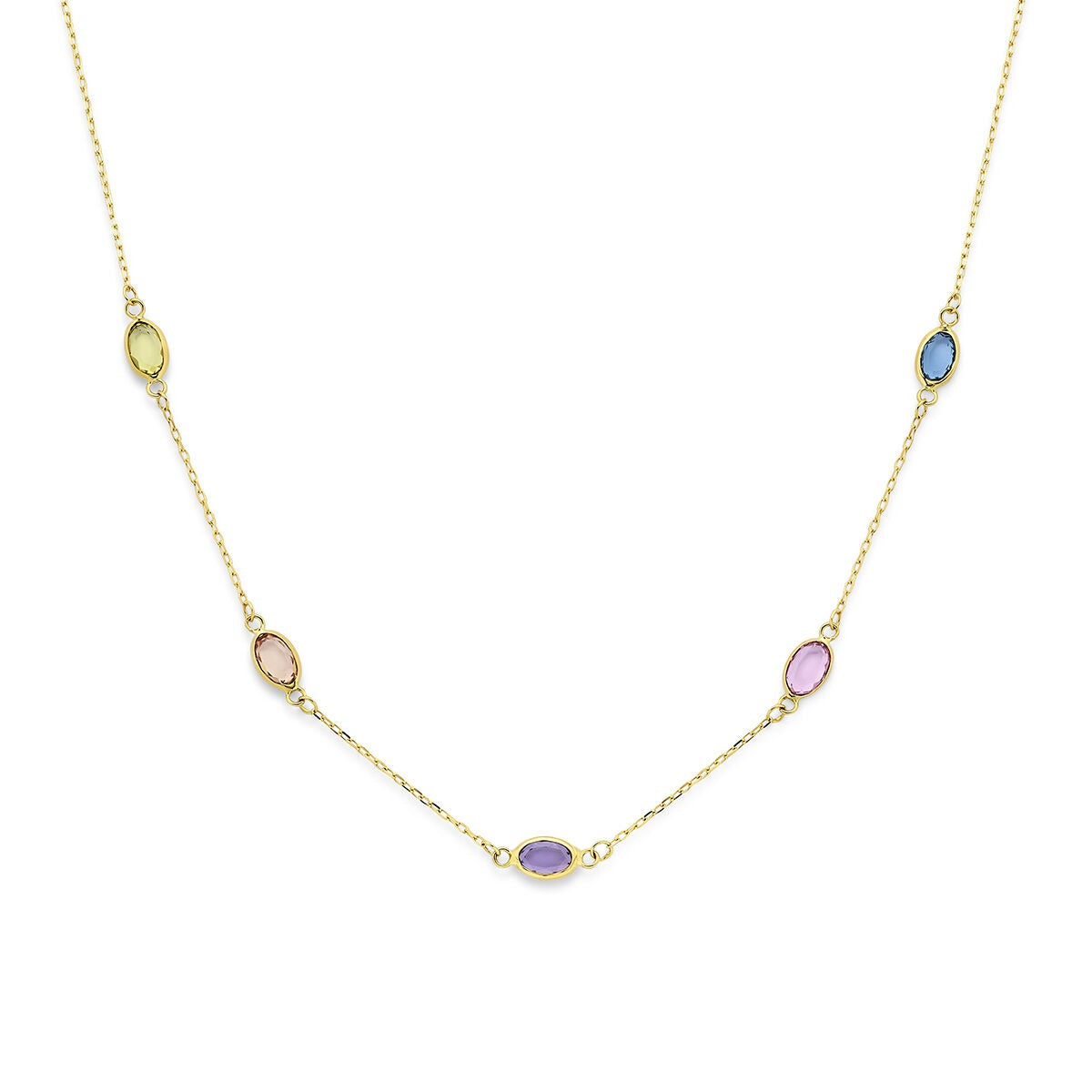 Collier en or jaune 14 carats avec des pierres précieuses synthétiques colorées.