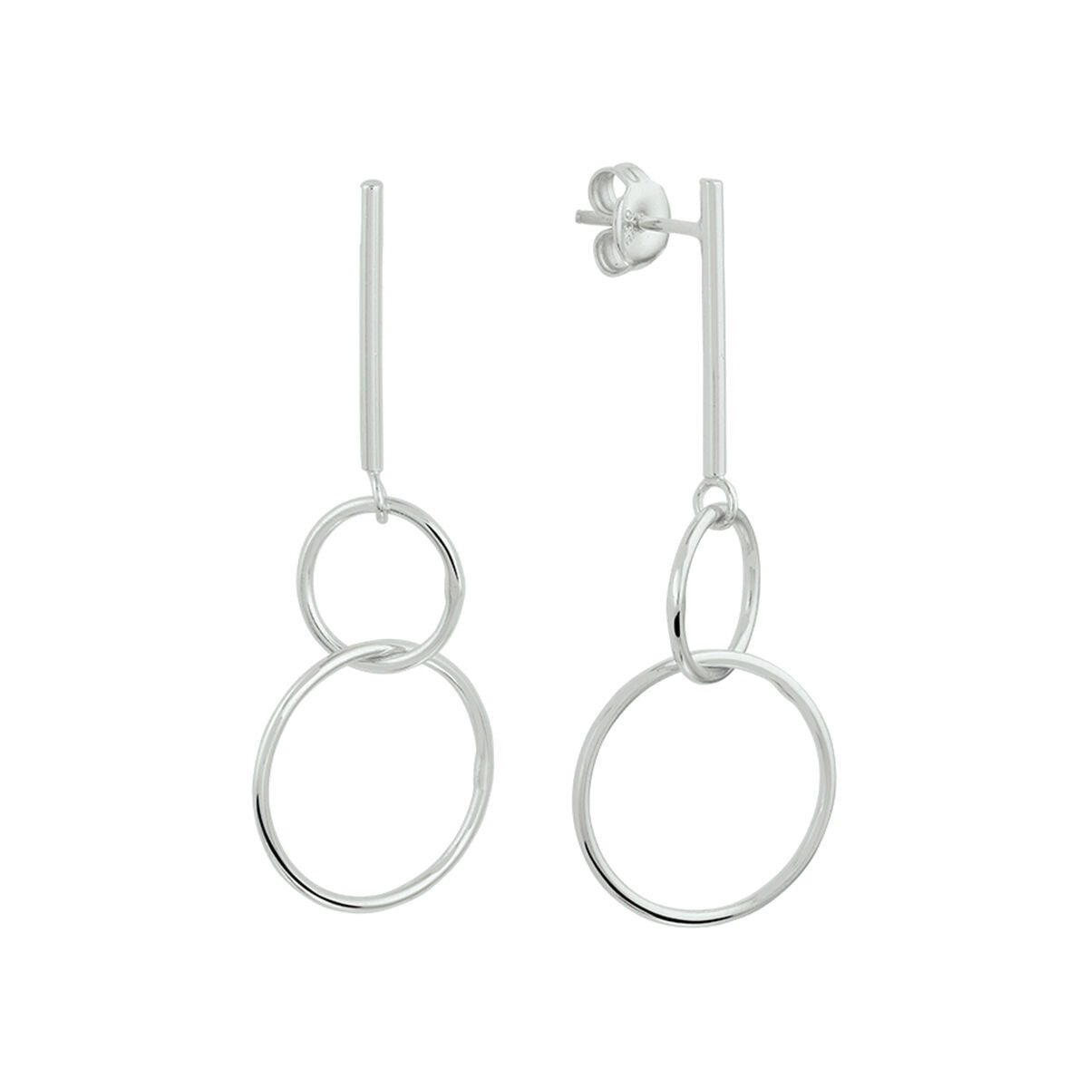 Boucles d'oreilles argentées avec des anneaux doubles, suspendues sur tige.