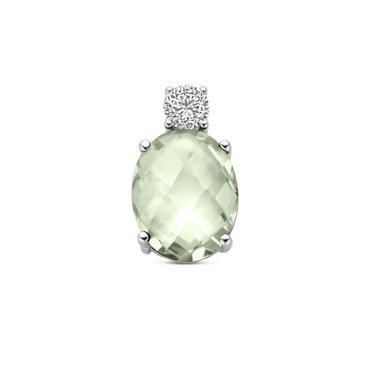 Pendentif en argent rhodié avec améthyste verte ovale et zircons, dimensions 13 x 8 mm.