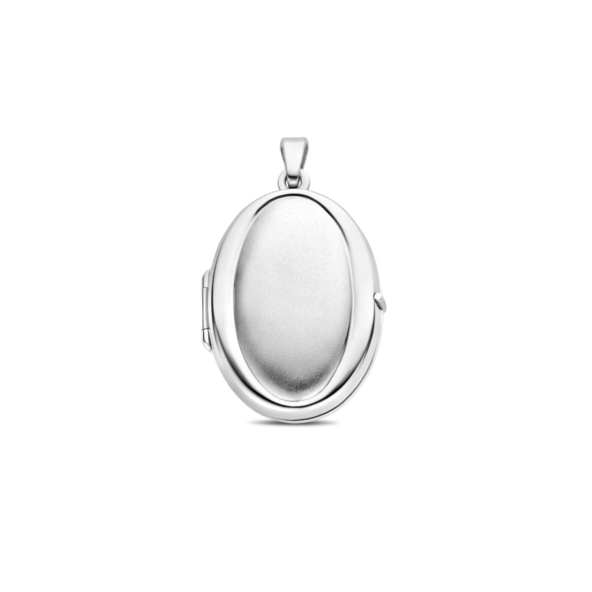 Médaille ovale en argent rhodié 925 avec finition polie et mate.