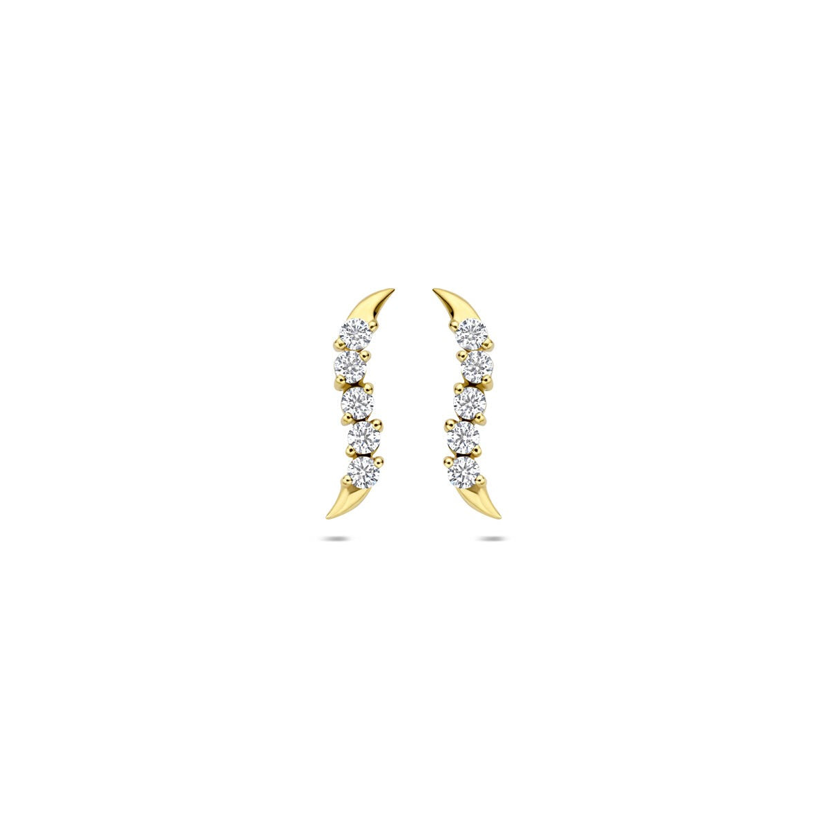 Boucles d'oreilles en or jaune 9 carats ornées de zirconia, avec un design courbé et brillant.