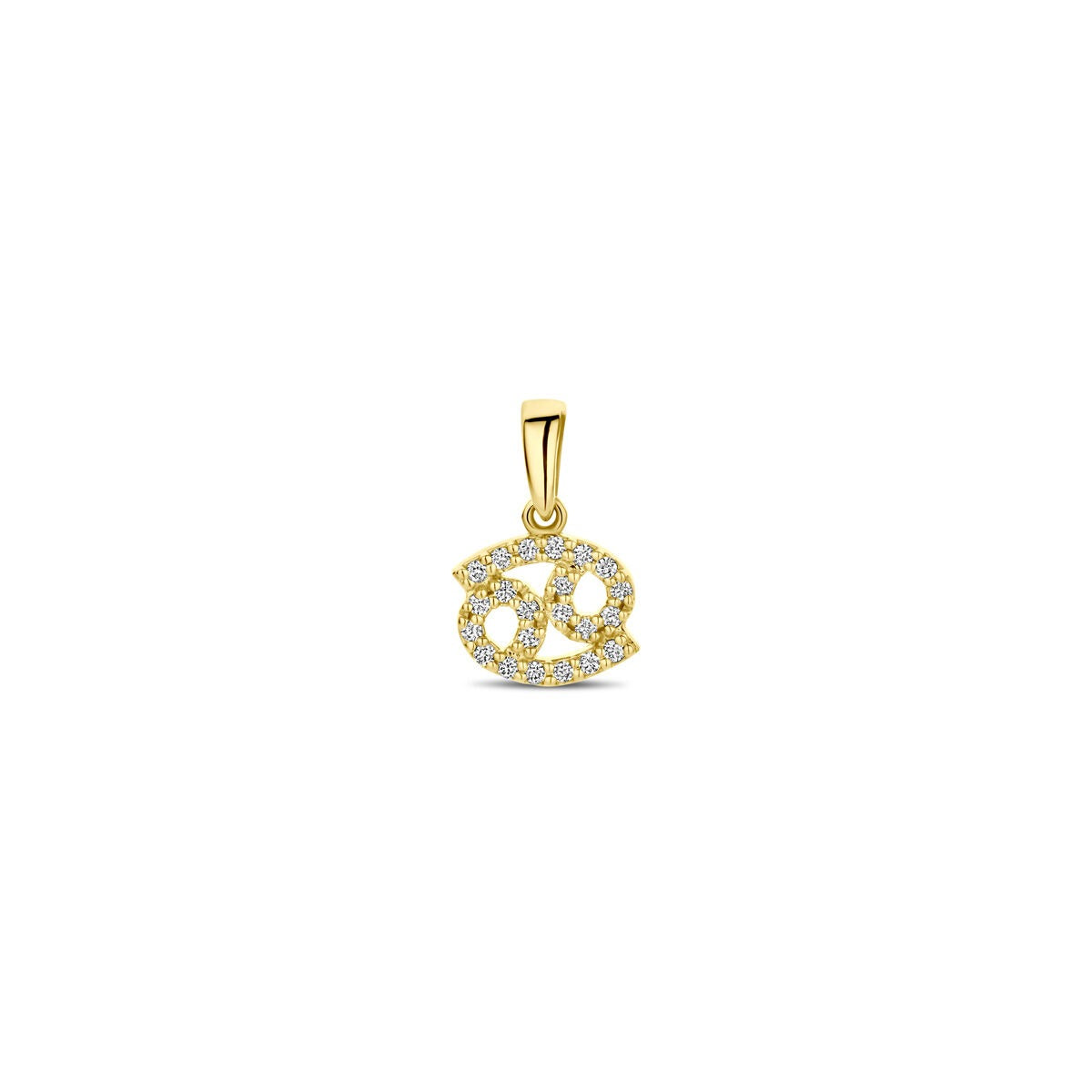 Pendentif en or jaune 14 carats en forme de signe astrologique, orné de diamants.