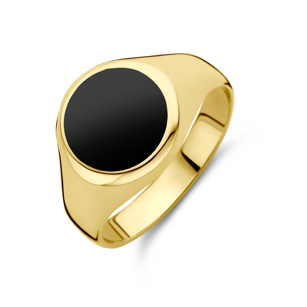Bague en or jaune 14 carats avec onyx noir, forme ronde et finition lisse.