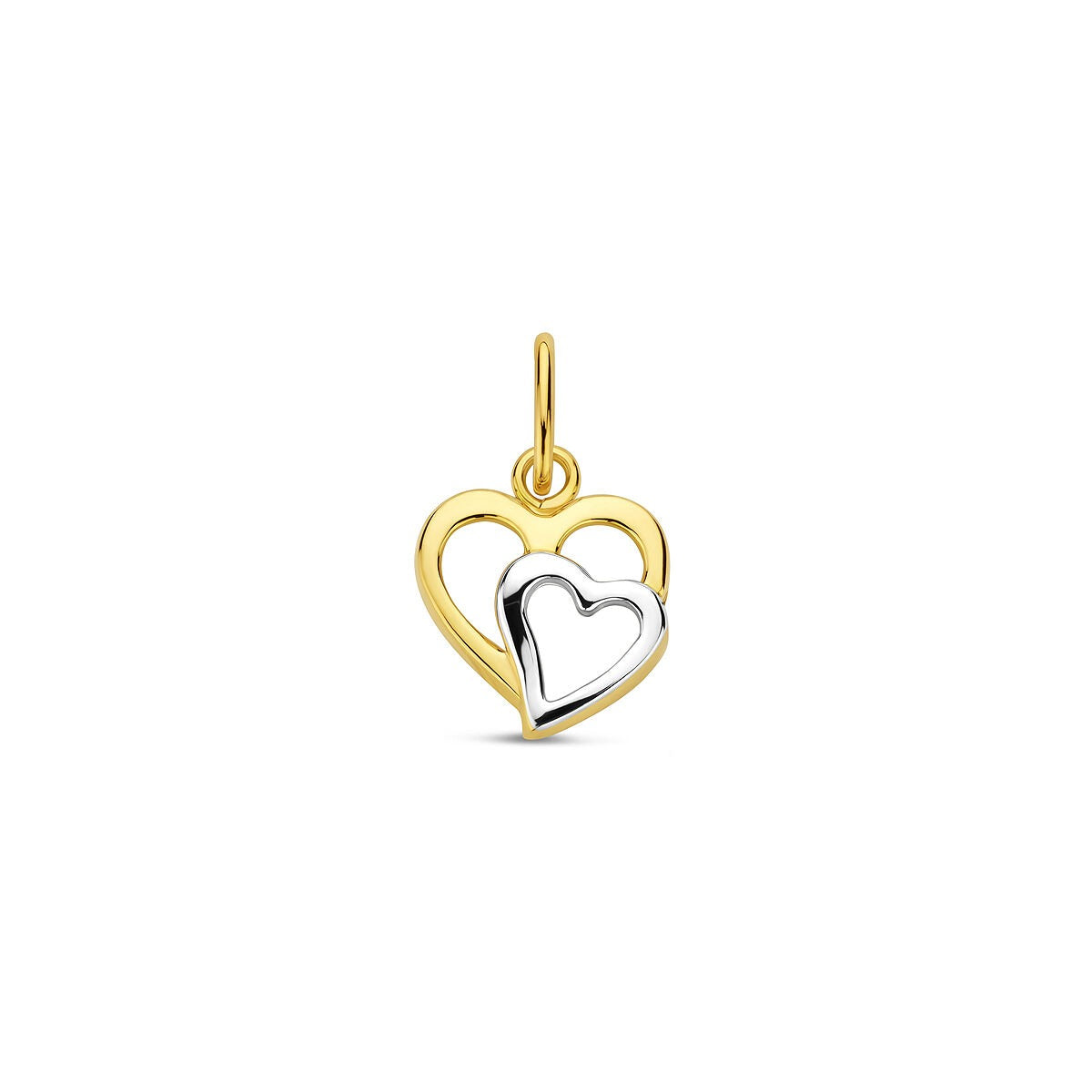 Pendentif en or blanc et or jaune en forme de cœurs entrelacés.