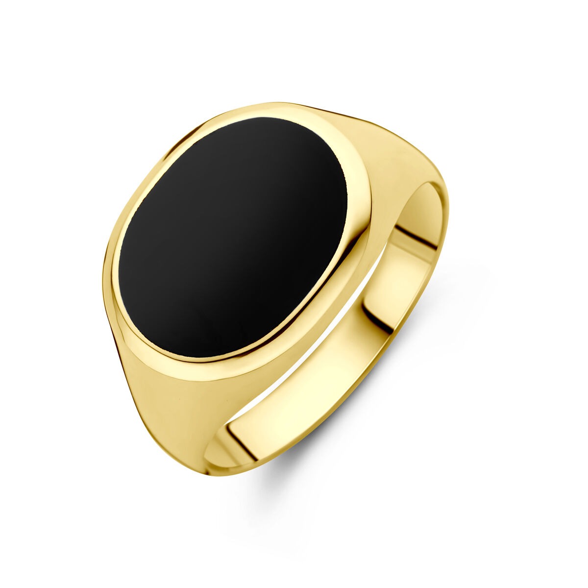 Bague en or jaune 14 carats avec onyx noir, forme ovale et finition lisse.