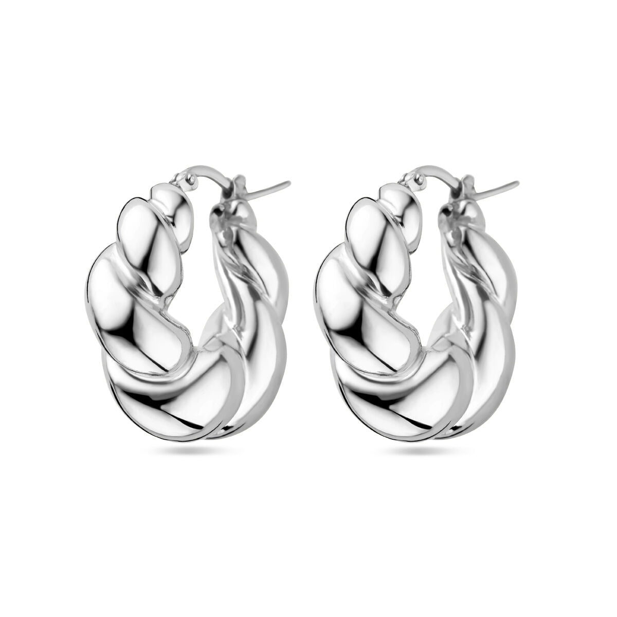 Boucles d'oreilles en argent rhodié, torsadées, mesurant 27,5 x 8,5 mm.