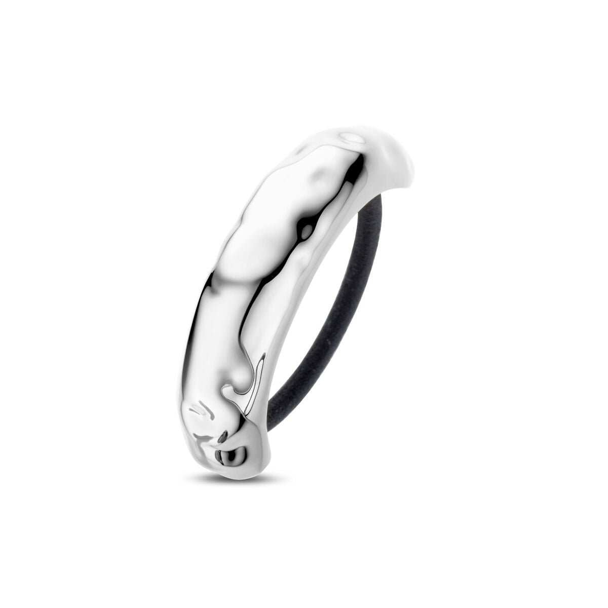 Cuff à cheveux en acier inoxydable argenté avec un design élégant et un élastique noir.