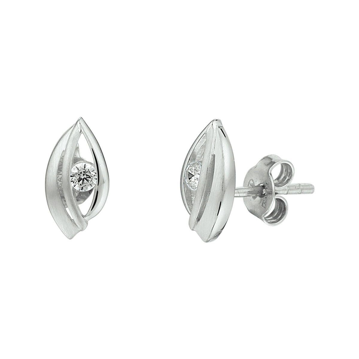 Boucles d'oreilles en argent rhodié avec zirconia, en forme de goutte stylisée.