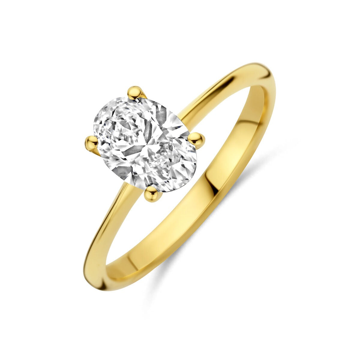 Bague en or jaune 14 carats avec diamant cultivé en laboratoire, forme ovale.