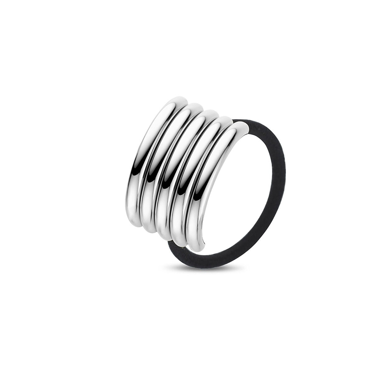 Bracelet jonc en acier argenté avec quatre bandes lisses et un design moderne.