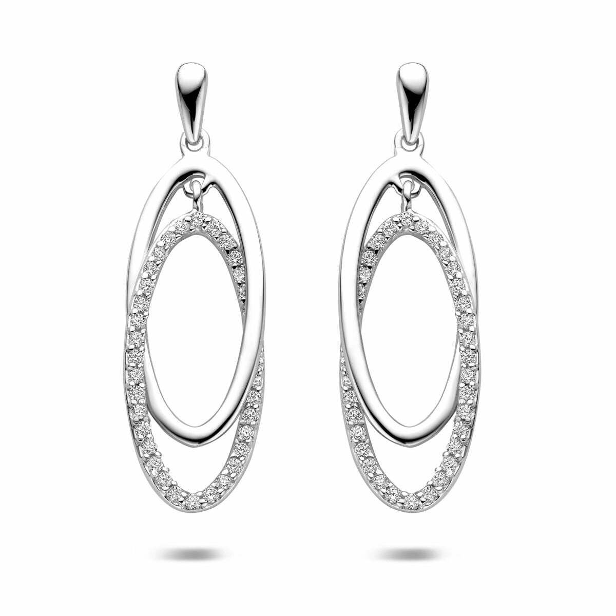Boucles d'oreilles en argent rhodié avec zircones, design ovale de 35 mm.