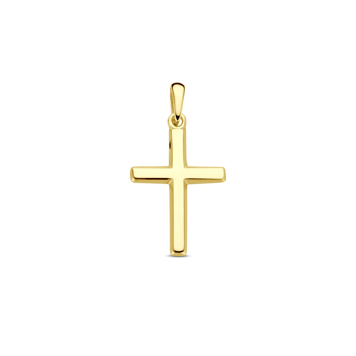 Pendentif croix en or jaune de 14 carats, dimensions 17 x 12 mm.
