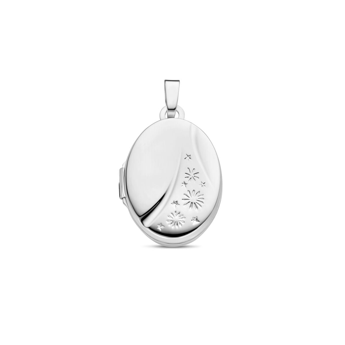 Médaille ovale en argent rhodié 925 avec motif floral gravé.