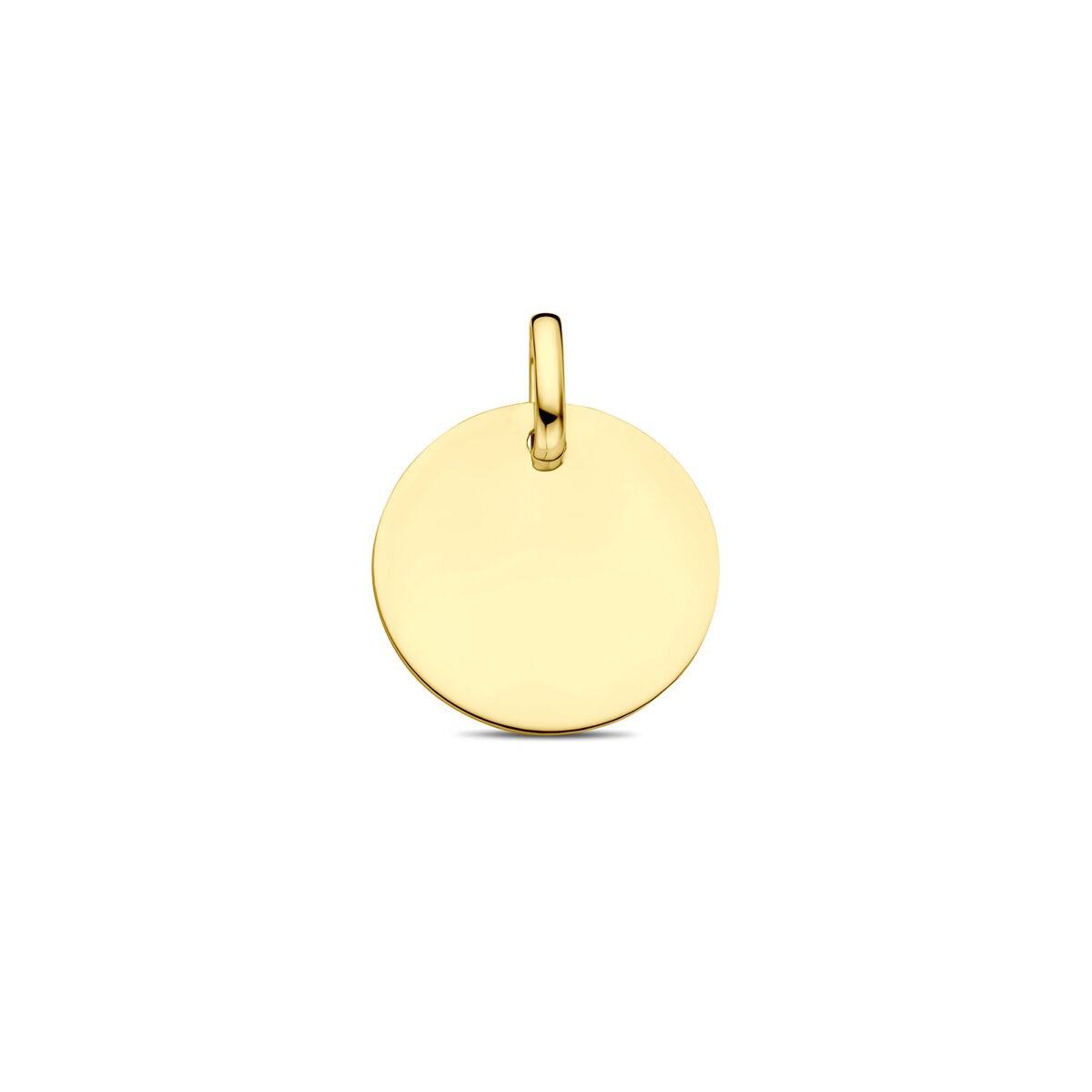 Pendentif rond en or jaune 9 carats, diamètre de 18 mm, surface lisse et polie.