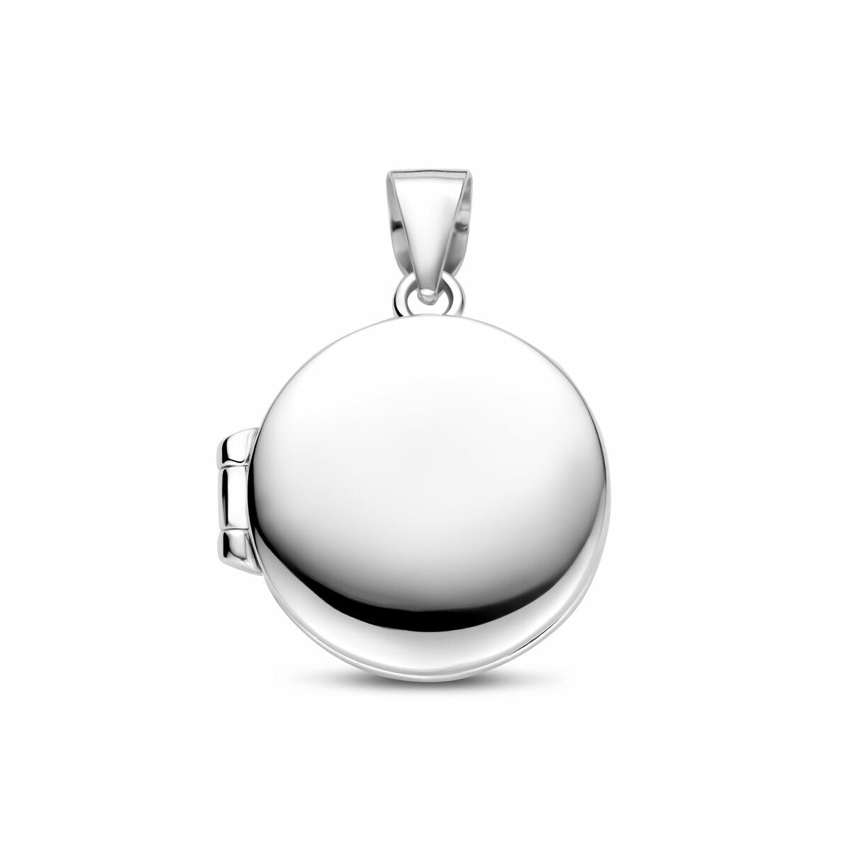 Pendentif rond en argent rhodié avec une finition lisse et brillante.