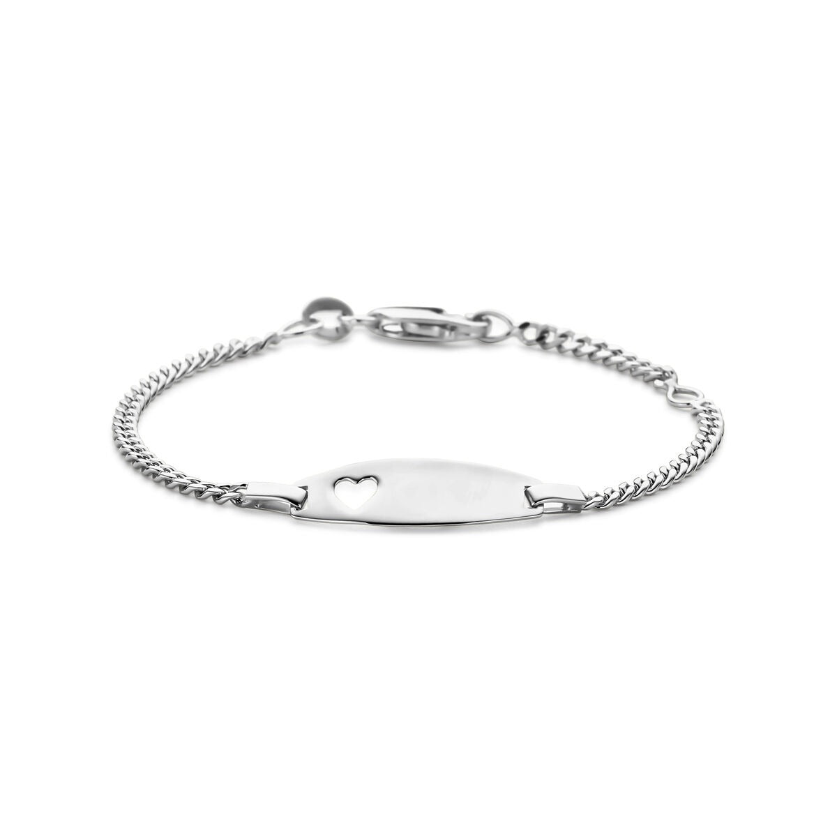 Zilveren baby armband met een hartje en een glad graveerplaatje, lengte 11 - 13 cm.