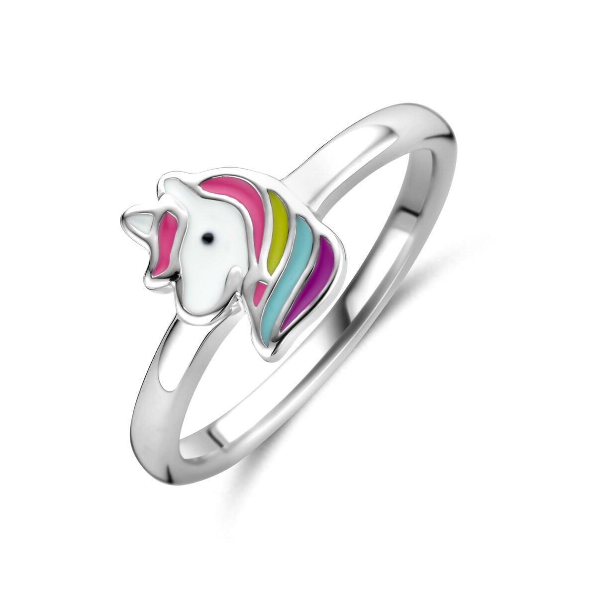 Bague en argent pour enfant avec un motif de licorne coloré.