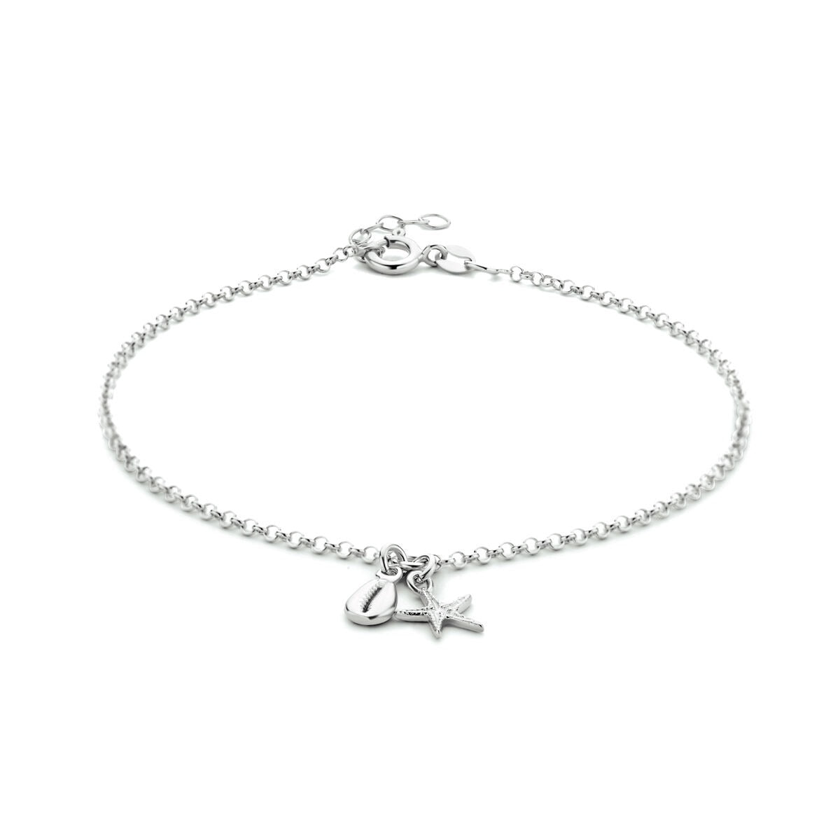 Bracelet en argent rhodié avec étoile et coquillage, longueur de 24 à 26 cm.