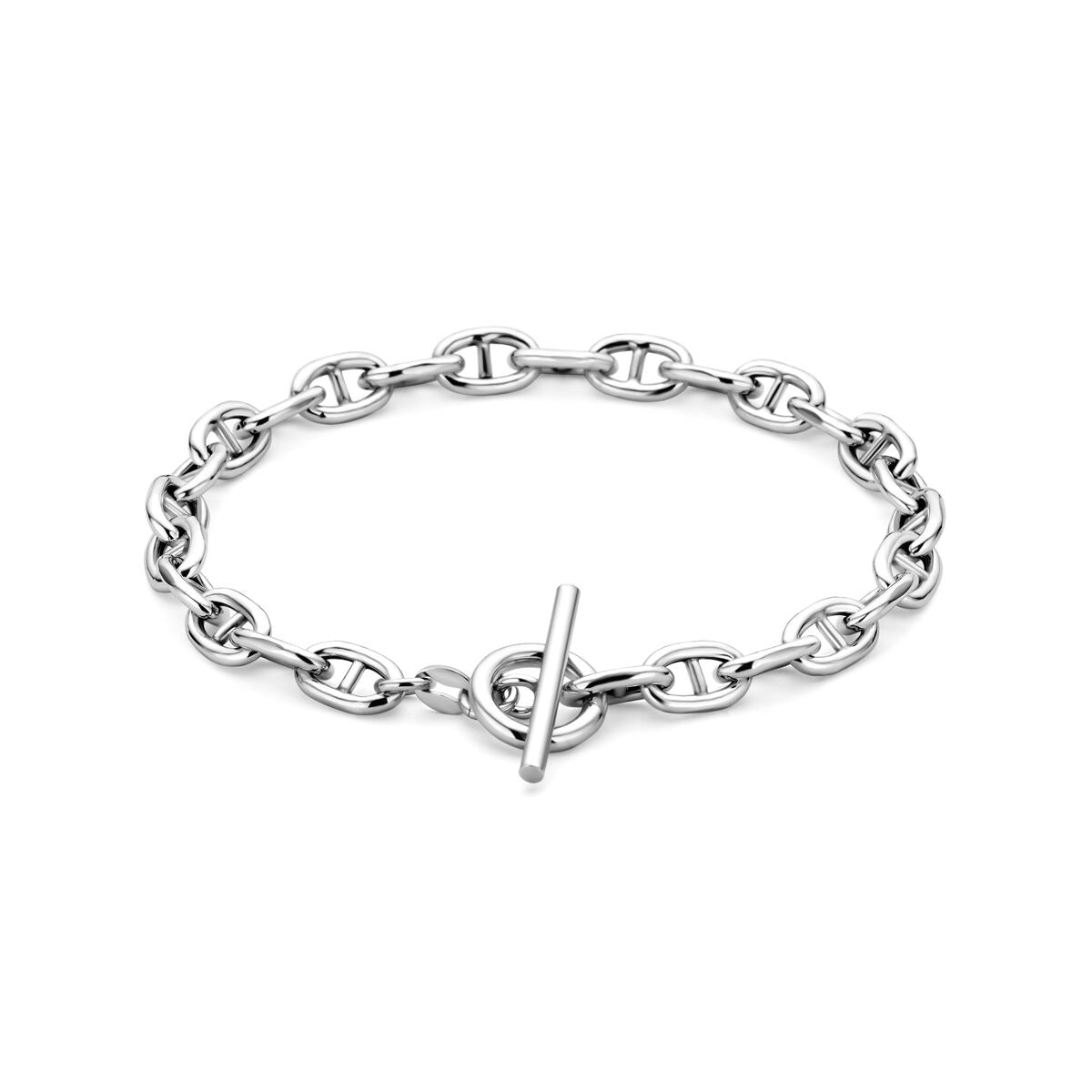 Zilveren armband met gerhodineerde anker schakels en een kapittelslot.
