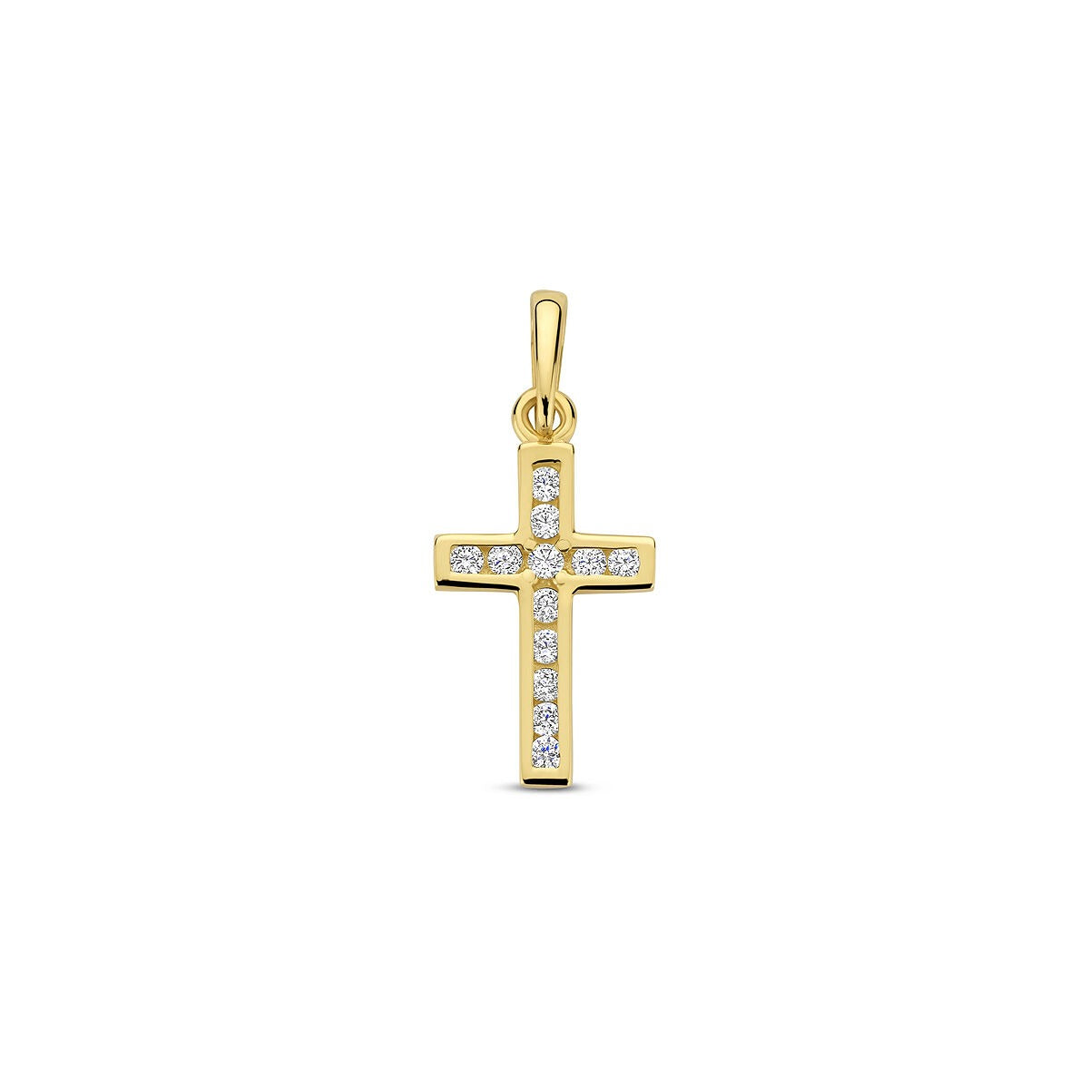 Pendentif en or jaune 14 carats en forme de croix, orné de zirconiums.