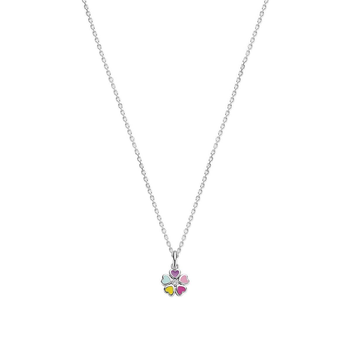 Collier en argent rhodié avec pendentif en forme de fleur multicolore.