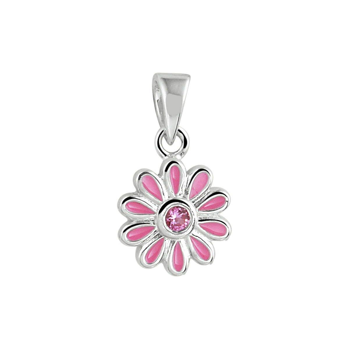 pendentif en forme de fleur en argent rhodié avec zircon rose au centre et pétales roses.