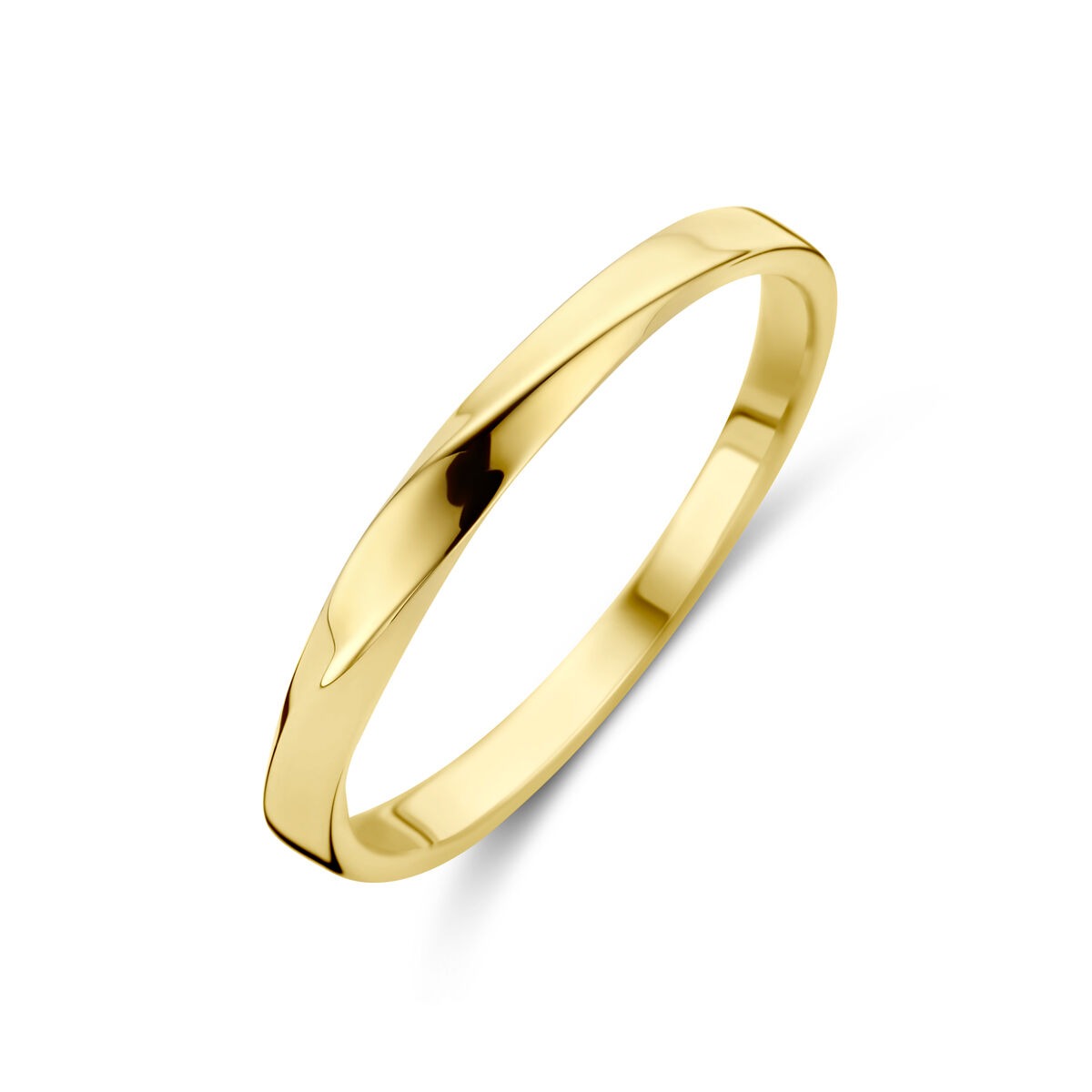 Bague en or jaune 14 carats, largeur de 2,5 mm, finition lisse et légèrement ondulée.