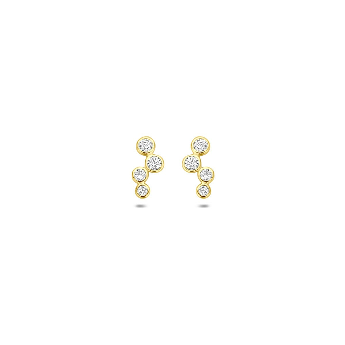 Boucles d'oreilles en or jaune 14k avec zirconia, formées de plusieurs pierres brillantes.
