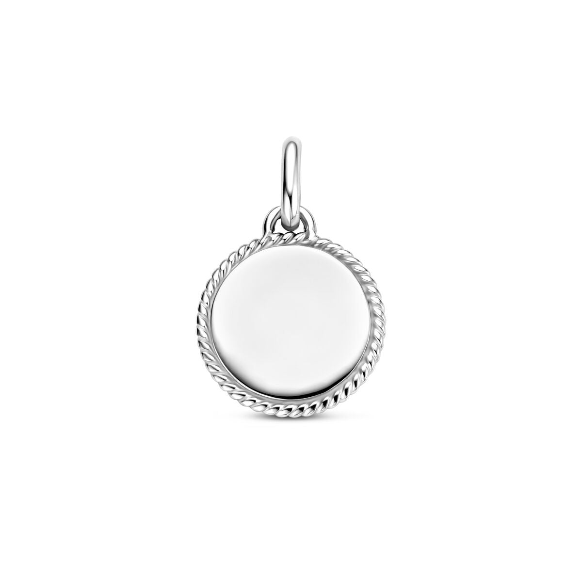 Pendentif rond en argent rhodié de 19,5 mm avec bord en relief.