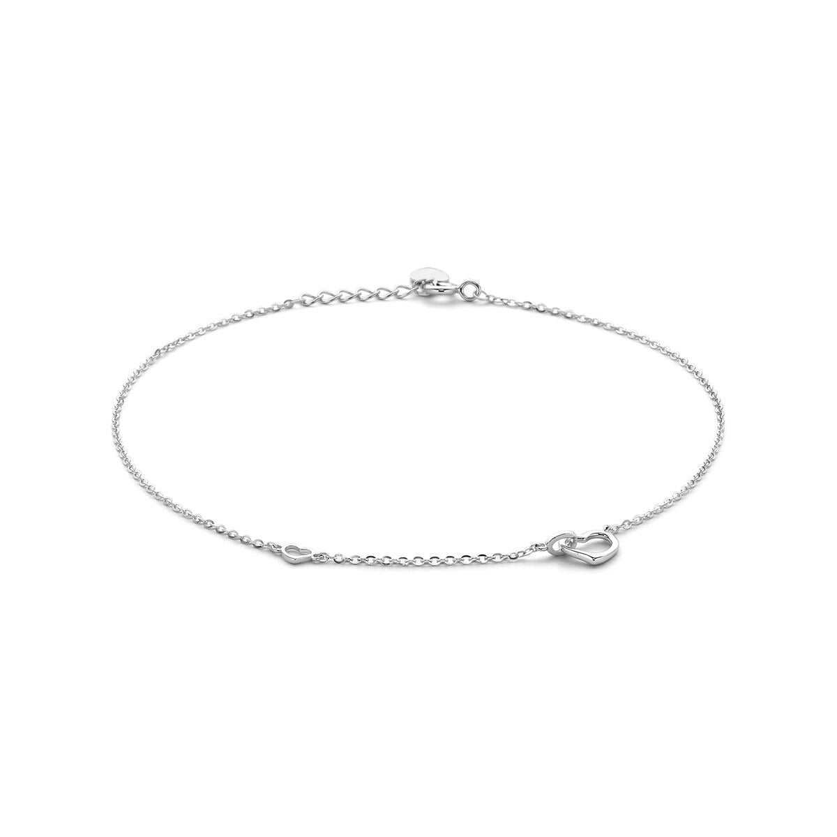 Bracelet de cheville en argent rhodié avec des cœurs, longueur de 24 à 26 cm.