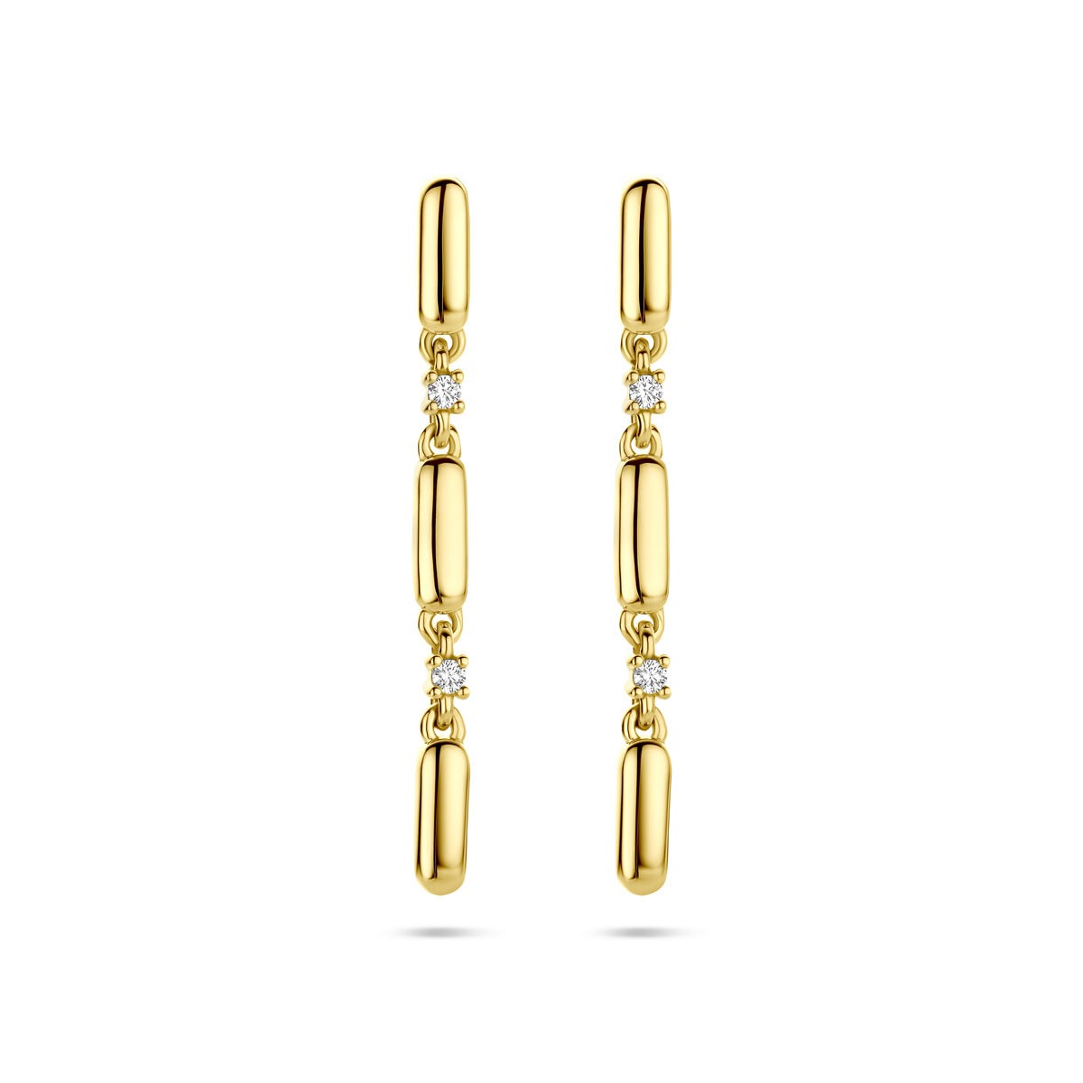 Boucles d'oreilles en or jaune 14 carats avec diamants brillants, longueur de 32 mm.