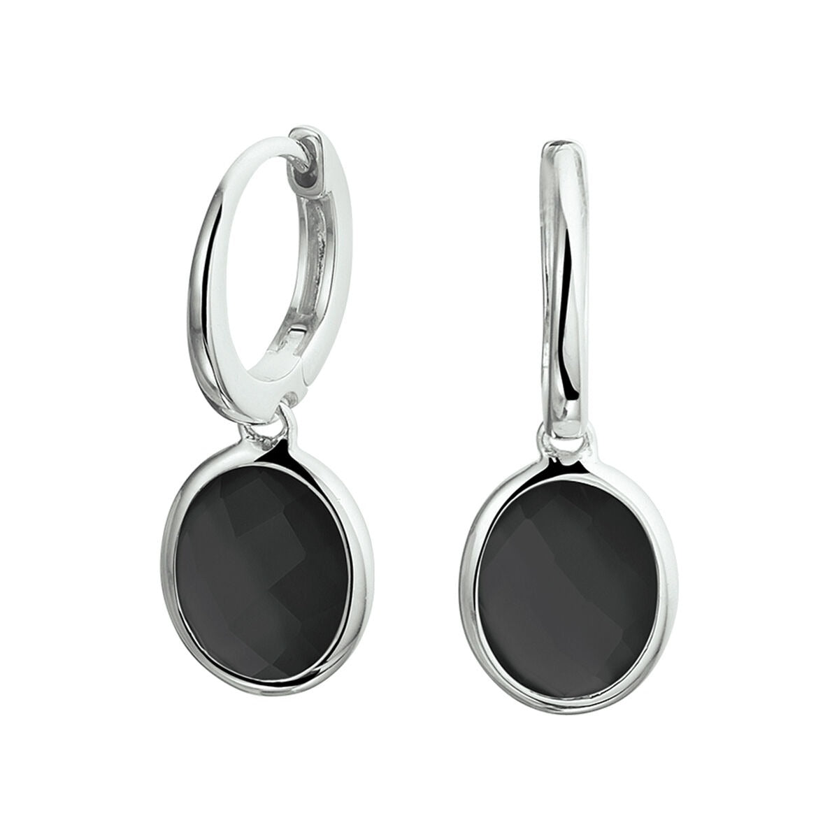 Boucles d'oreilles argentées avec pendentifs en onyx, finition rhodiée.