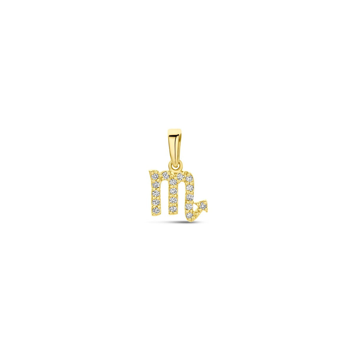 Pendentif en or jaune 14 carats en forme de signe astrologique, orné de diamants.
