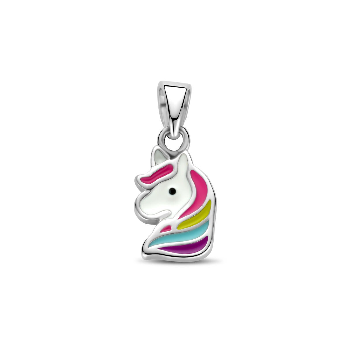 pendentif en forme de licorne en argent rhodié avec des détails colorés.