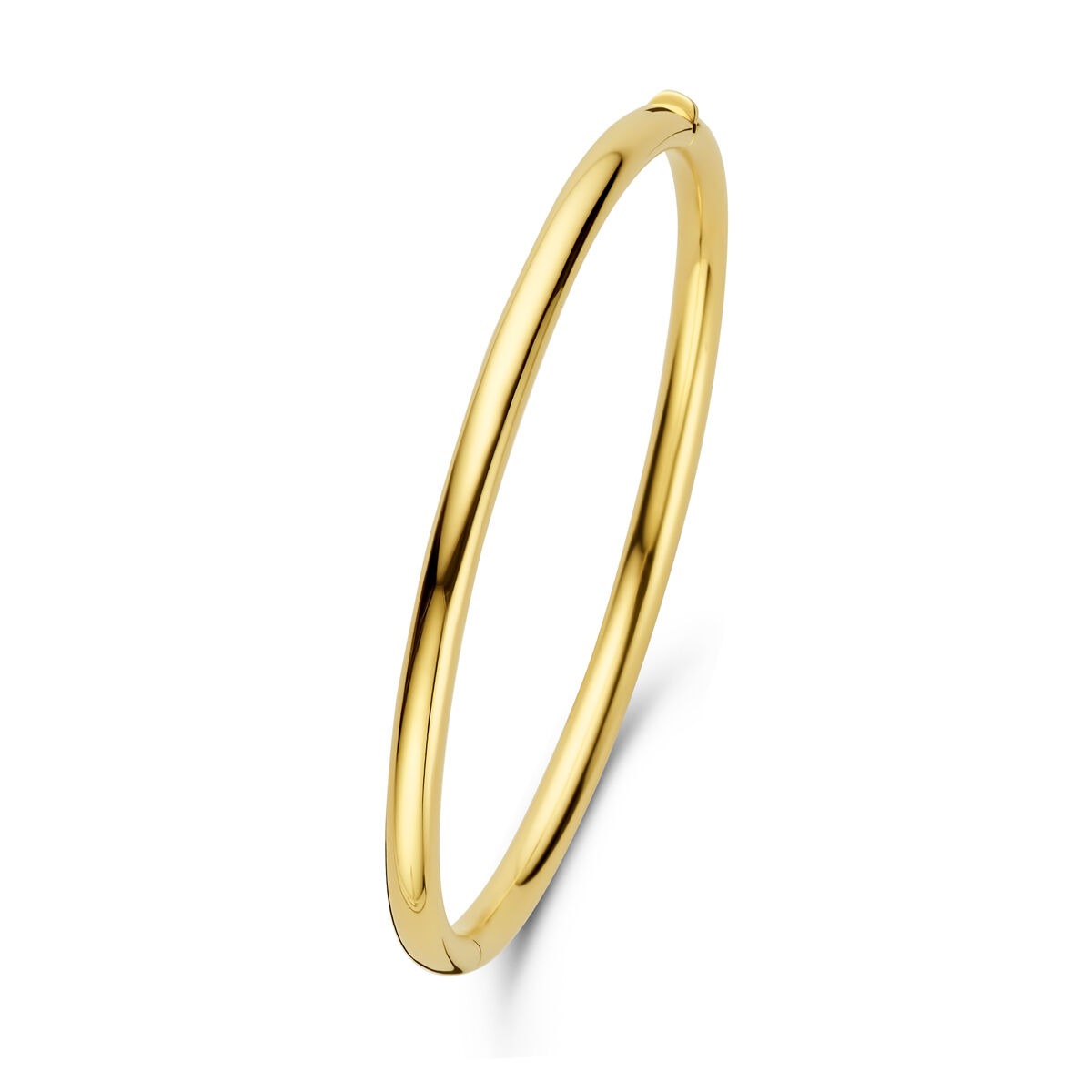 Bracelet jonc doré en or 14 carats avec fermoir à charnière.