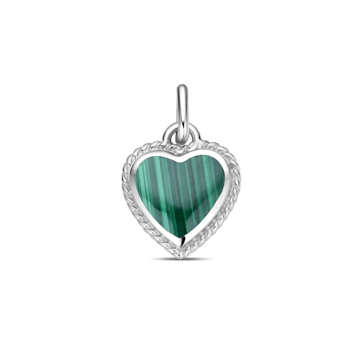 Gerhodineerde zilveren hanger in hartvorm met groene malachiet, 20.5 mm groot.