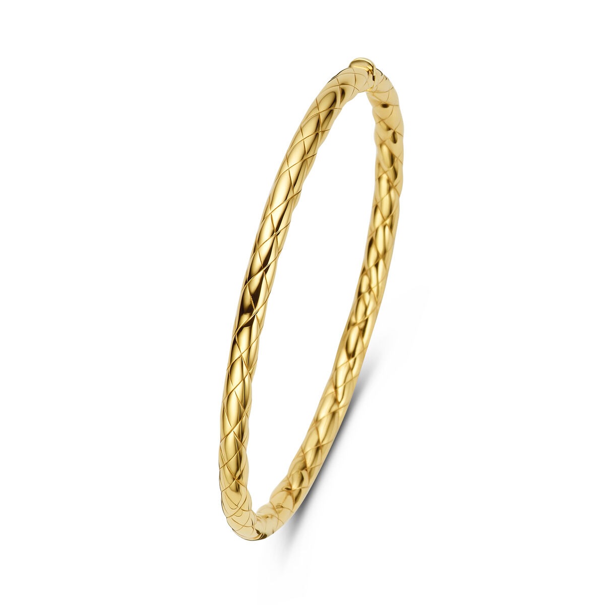 Bracelet jonc doré en or 14 carats avec un design tressé.
