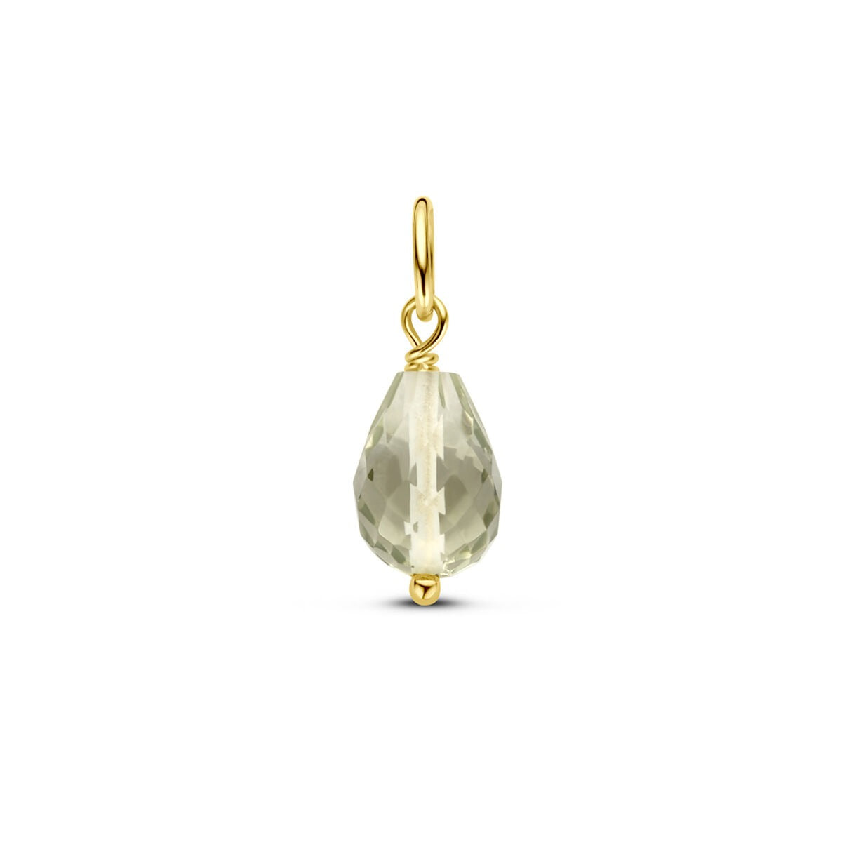Pendentif en or jaune 14k avec améthyste verte taillée en briolette, forme goutte.