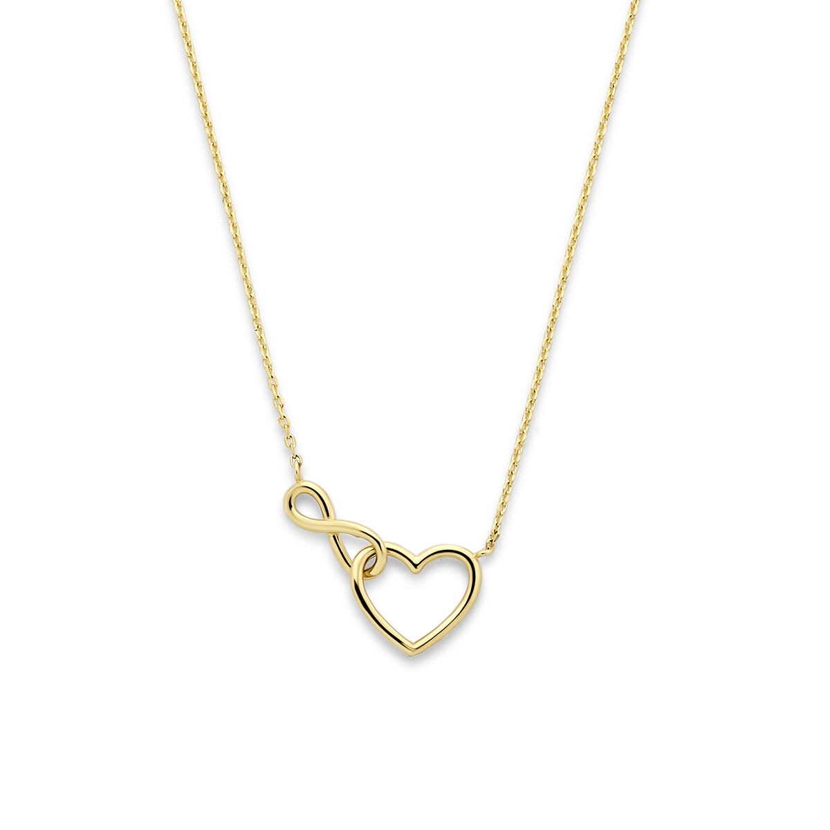 Collier en or jaune 14 carats avec un pendentif en forme de cœur et d'infini.