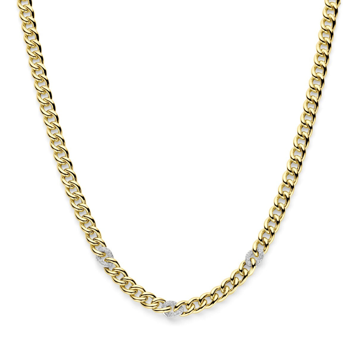 Collier en or jaune et blanc 14 carats avec un détail en diamant.
