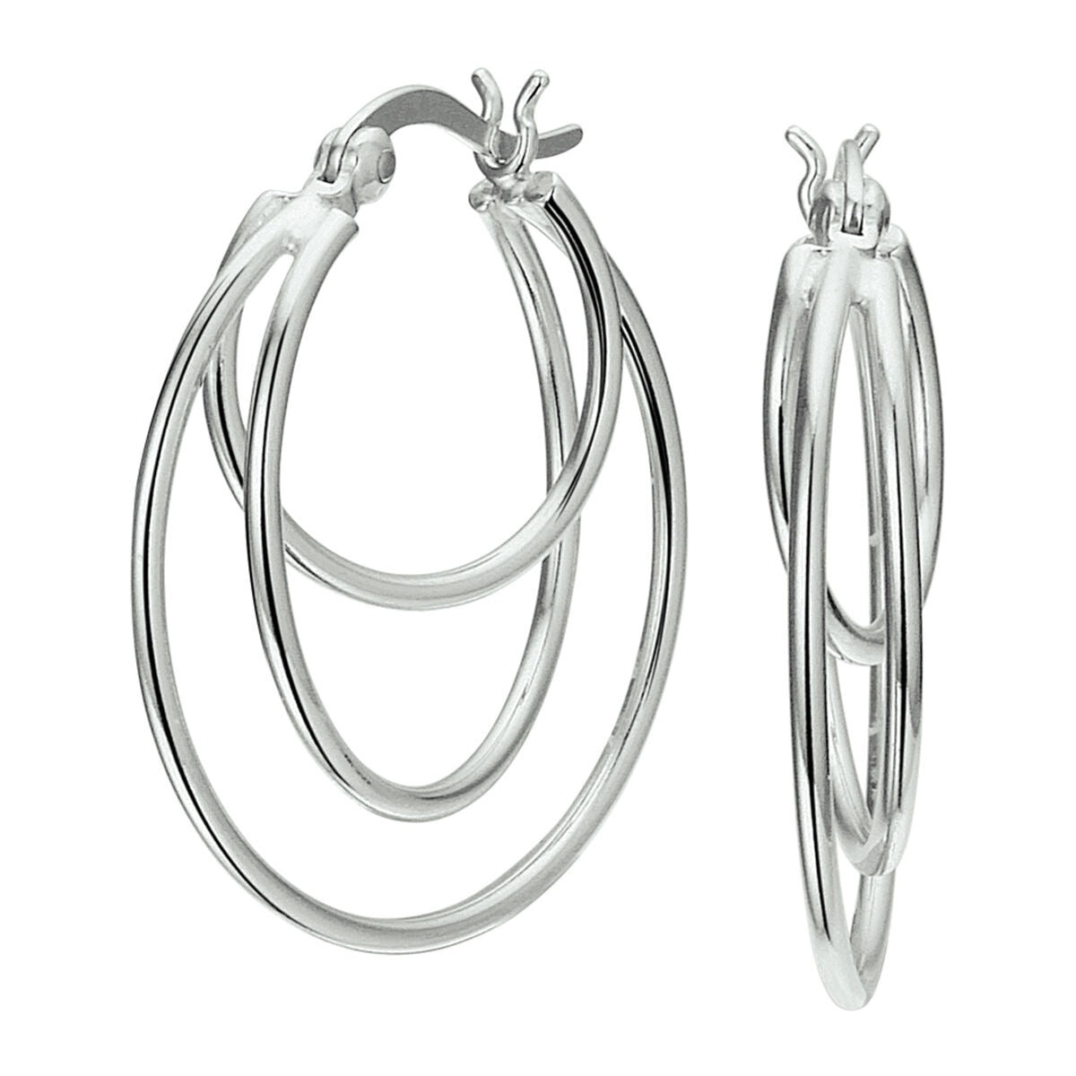 Boucles d'oreilles en argent rhodié avec un design tubulaire, formées de trois cercles entrelacés.